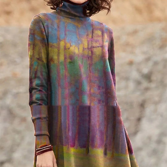 Turtleneck Colorful Oil Painting Print Casual Long Sleeve
