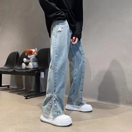 American Letter Embroidered Jeans High Street Fashion Brand Hip Hop Straight-leg Pants
