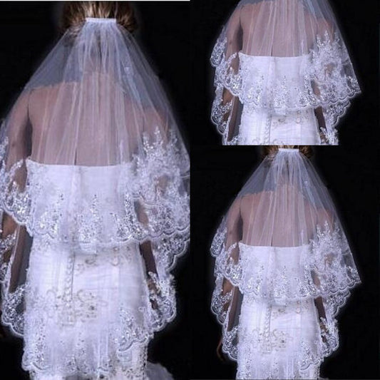 Bridal Sequined Polyester Veil Face Cover Two Layers Lace Sideband