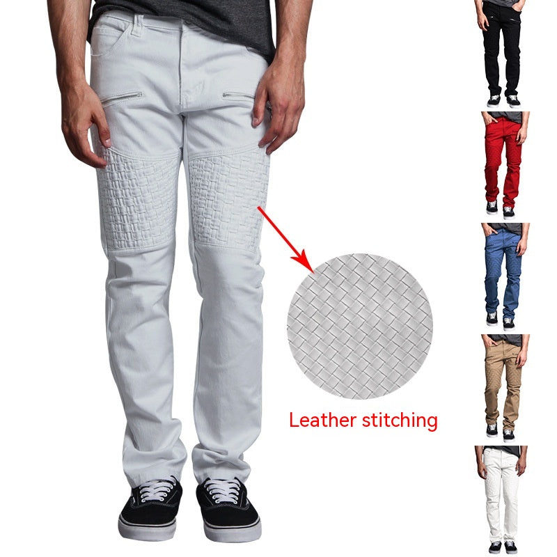Casual Autumn Men's Personality Leather Stitching Thin Straight-leg Trousers