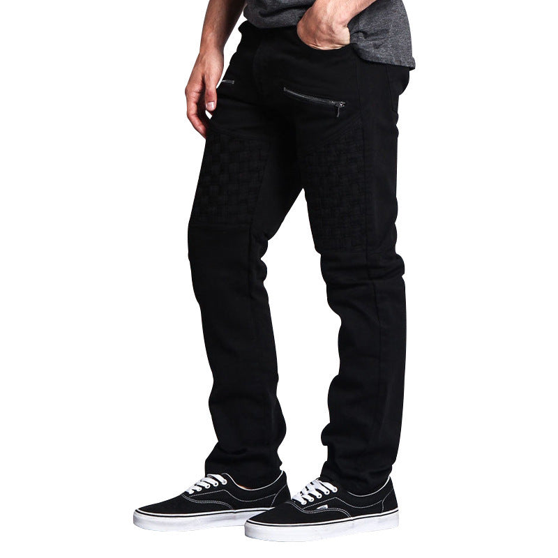 Casual Autumn Men's Personality Leather Stitching Thin Straight-leg Trousers