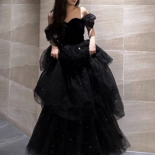 Black Evening Dress Light Luxury Minority French Style Pettiskirt