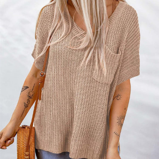 Loose Short Sleeve Side Slit Casual Sweater For Women