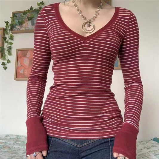 Women's Striped Long Sleeve Bottoming Top V-neck