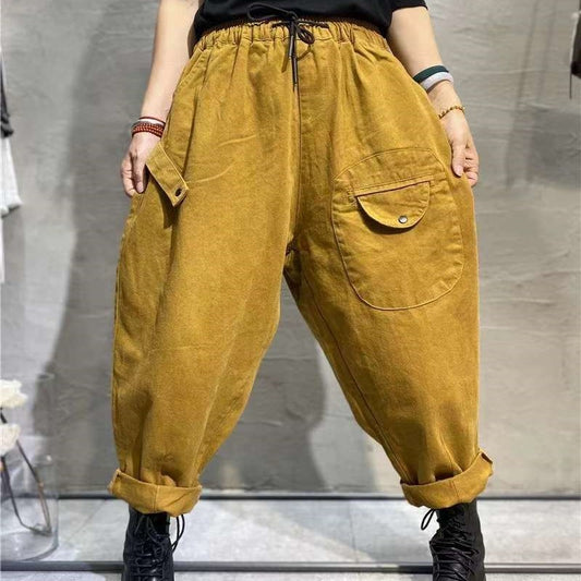 Korean Style Elastic Waistband Patch Pocket Overalls For Women
