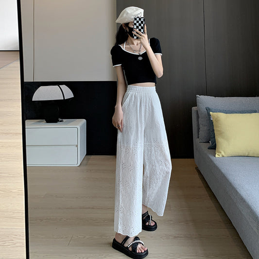 Straight Wide-leg Women's Loose White Embroidered Hollow Casual Pants