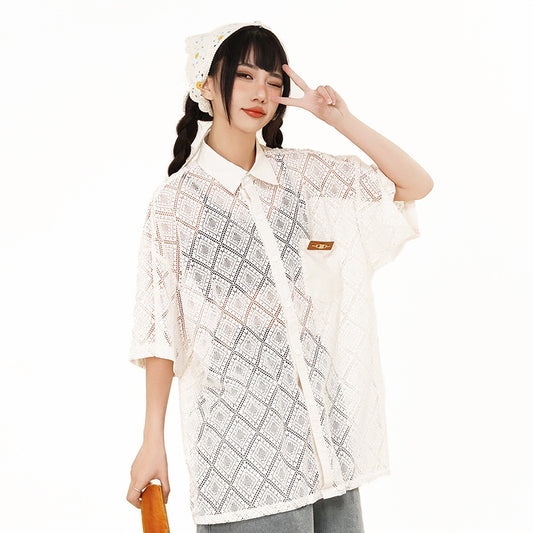 Hollow-out Crocheted Lace Short-sleeved Shirt