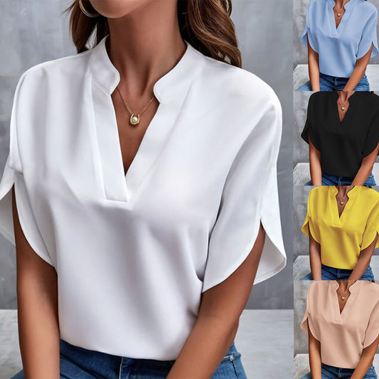 Summer New V-neck Shirt Women's Pure Color Casual Versatile Short-sleeved Shirt