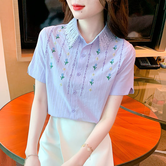 Western Style Cotton Embroidered Short-sleeved Purple Top