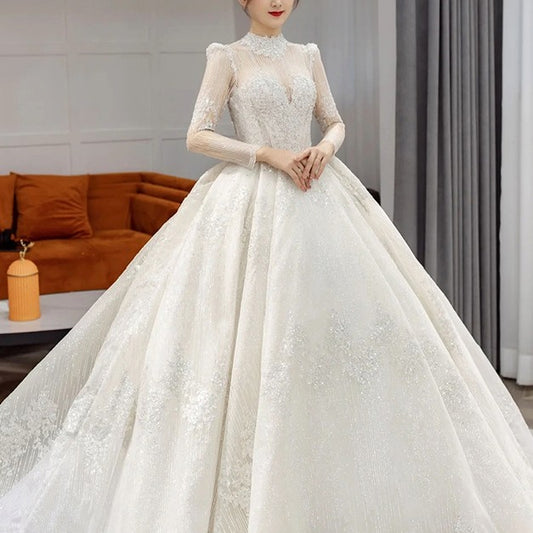 Long Sleeve French Vintage Light Wedding Dress Bride