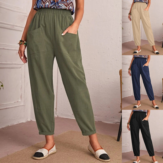 Women's Cotton Linen Elastic-waist Casual Pants