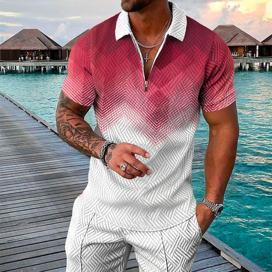 Men's Summer Fashion 3D Printed Short Sleeve Geometric Zip Lapel Shirt Set