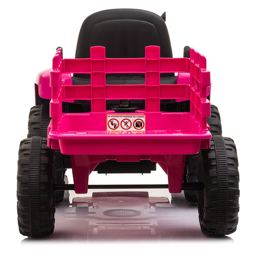 12V Kids Ride On Tractor with Trailer, Battery Powered Electric Car w/ Music, USB, Music, LED Lights, Vehicle Toy for 3 to 6 Ages, Rosy